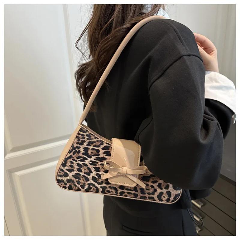 Retro Leopard Print PU Leather Women's Shoulder Bags Fashi Versatile Ladies Underarm Bags Simple Bowknot Female Handbags