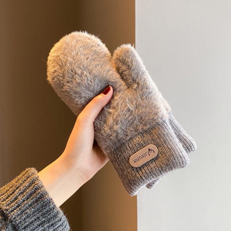 Korean Style Women's Imitation Mink Fur Gloves, Fleece-lined & Thickened for Autumn/Winter Cold Protection, Solid Color Mittens