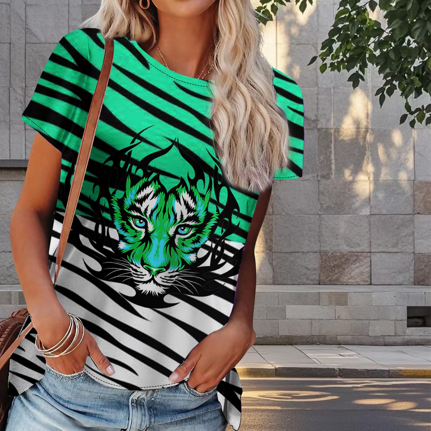 

Женская летняя футболка с принтом тигра в стиле ретро, футболки с коротким рукавом, повседневные топы с принтом 8XL светло-зеленый
