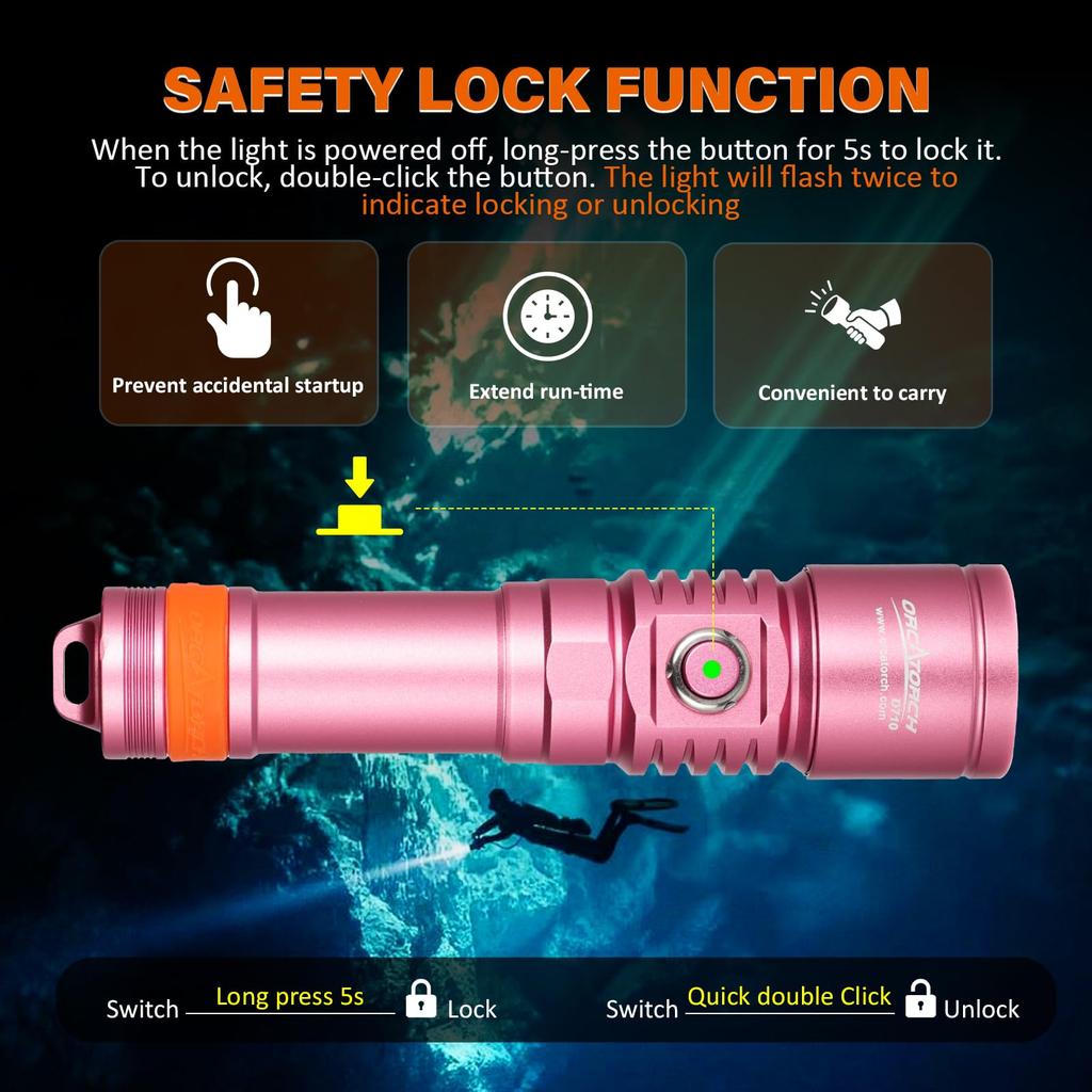 ORCATORCH D710 Underwater Diving 3000 150 Meters Underwater Light, Lumens, IP68, (Pink)