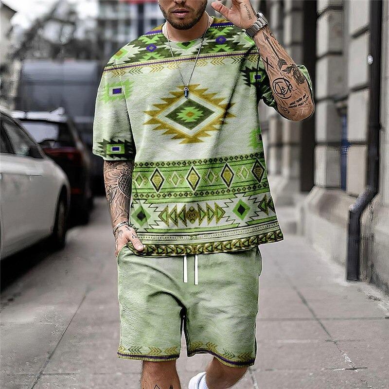 Summer Round Neck 3D Ethnic Style Printed Set Fashionable and Casual Short Sleeved Shorts Men's Sport Wear