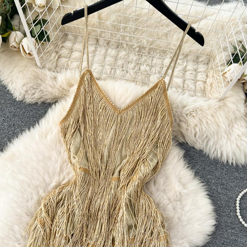 Sexy Quasten Patchwork Hohl Slip Kleid Frauen Sexy Backless Elegante Abend Party Kleider Vintage Dünne Mini Zeremonielle Kleid 2024 Neue