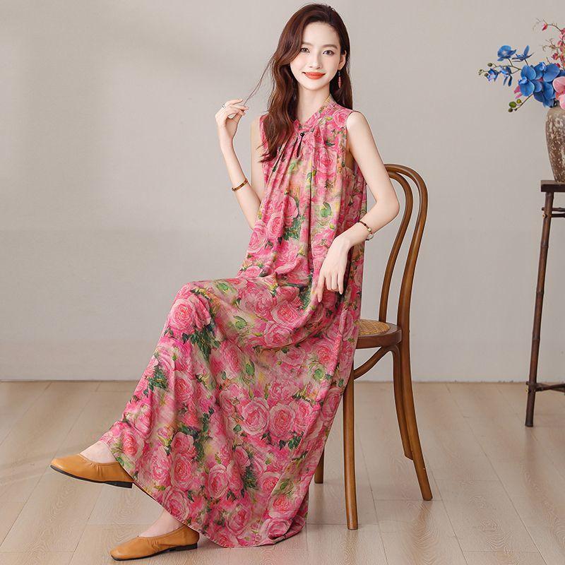 Elegant Floral Print Plus Size Dress for Middle Aged Women Summer Cotton Long Dress