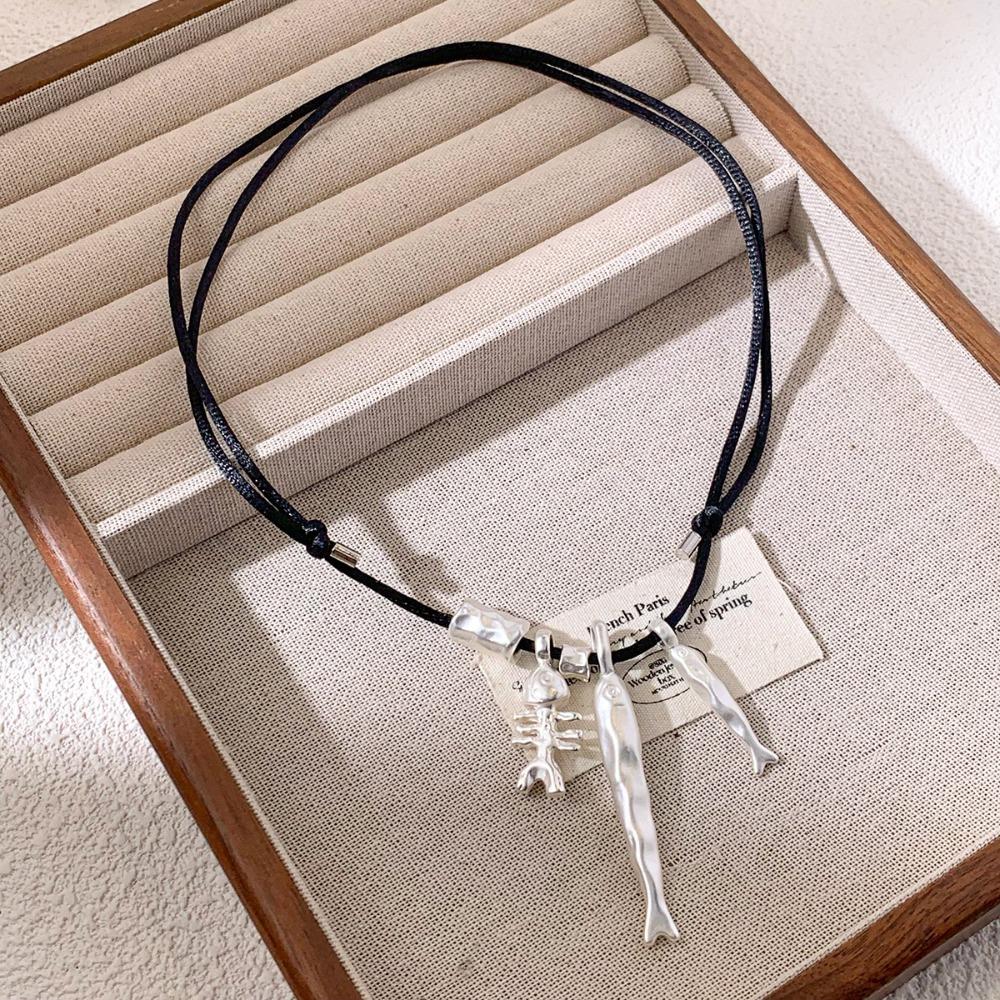 

Adjustable Fish Bone Pendant Necklaces Wax Rope Long Necklace New Chain Necklace for Women Men серебряный