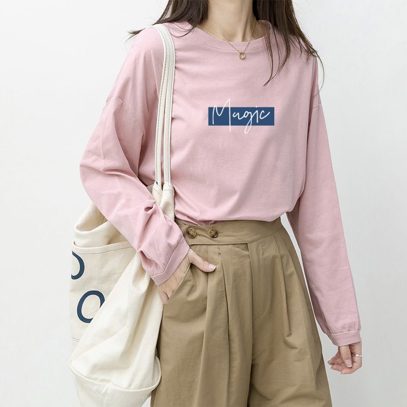 

Autumn New Long Sleeve T-Shirt Women s Loose Letter Printed Round Neck Bottoming Shirt S розовый