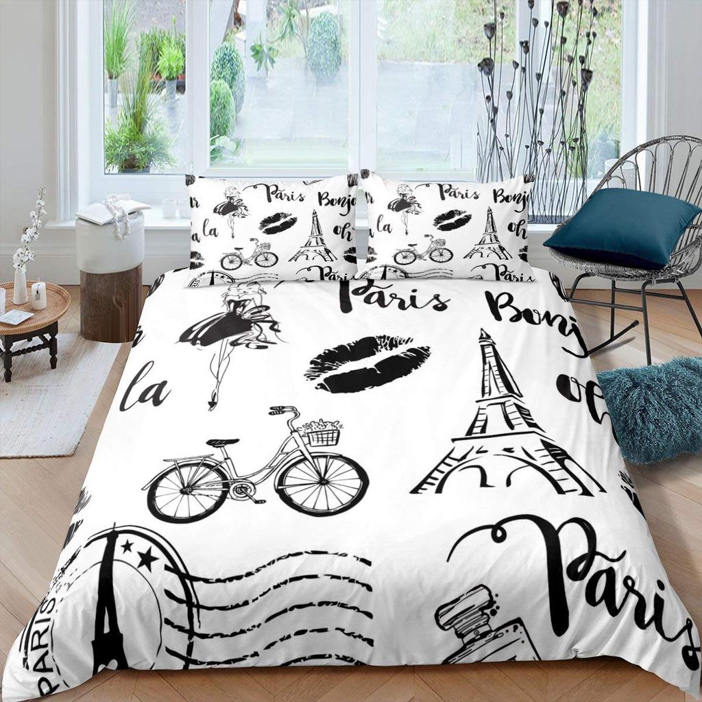 Eiffel Tower Duvet Cover Set King Size Love Heart Bedding Set Paris City Polyester Building Set For Girls France Urban Style