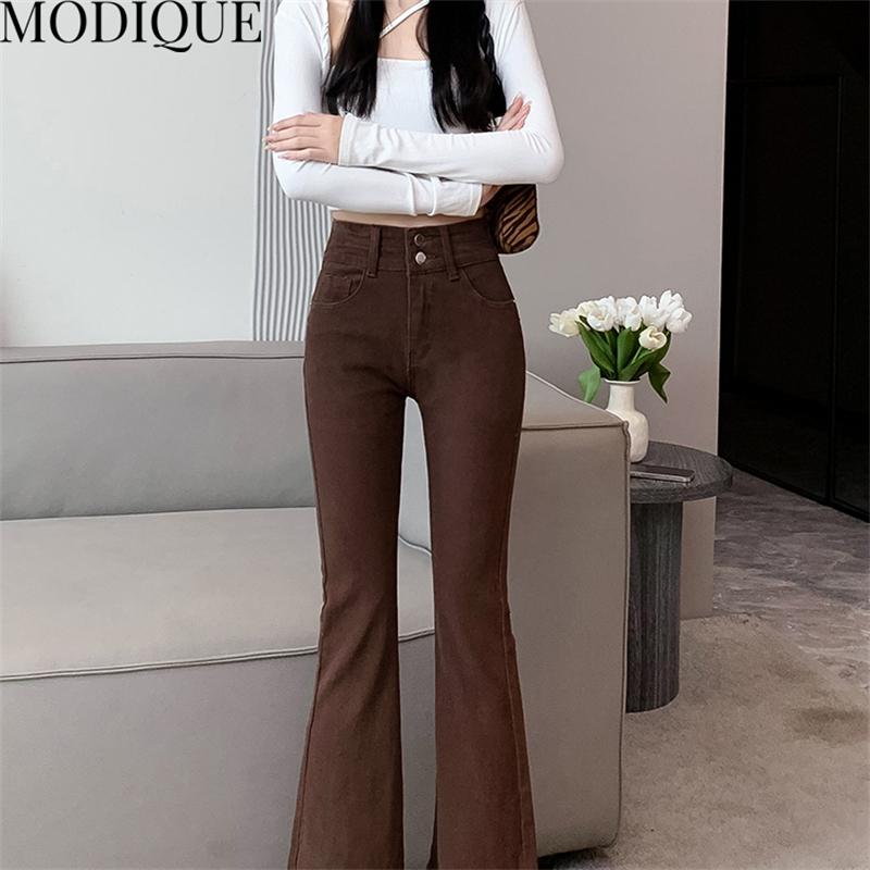 MODIQUE Autumn Plus Size New Women Basics Elastiske Bell-Bottoms Dame Høy midje Full Lengde Flare Bukser Dame Uformelle lange denim jeans