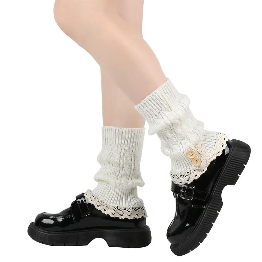 Harajuku Lace Edge Button Knitted Socks for Women Winter Warm College Style Thick Boot Socks Japanese Style Lolita Leg Warmers