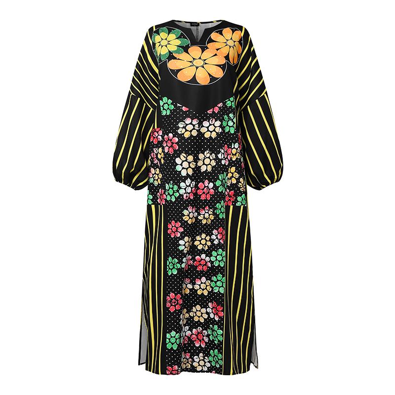 Oversized Women Casual Long Sleeve Floral Print Striped Loose Long Dress Kaftan Robes