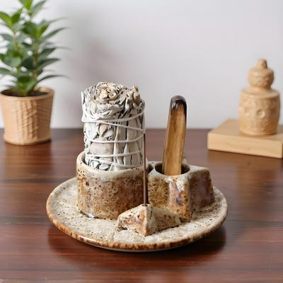 Ceramic Palo Santo Sticks Holder 4 In 1 Incense Burner Sage Holder Incense Holder Ash Catcher Tray for Meditation Yoga Room