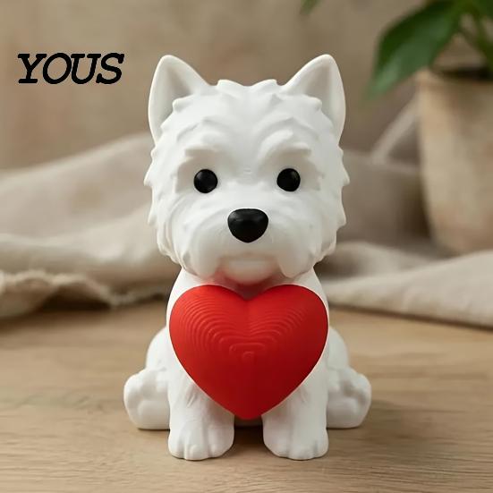 Office Desk Pet Decor 3D Printed West Highland Terrier Figurine, Cute Dog Statue Holding Red Heart, Small Sculpture Car Dashboard Decor,