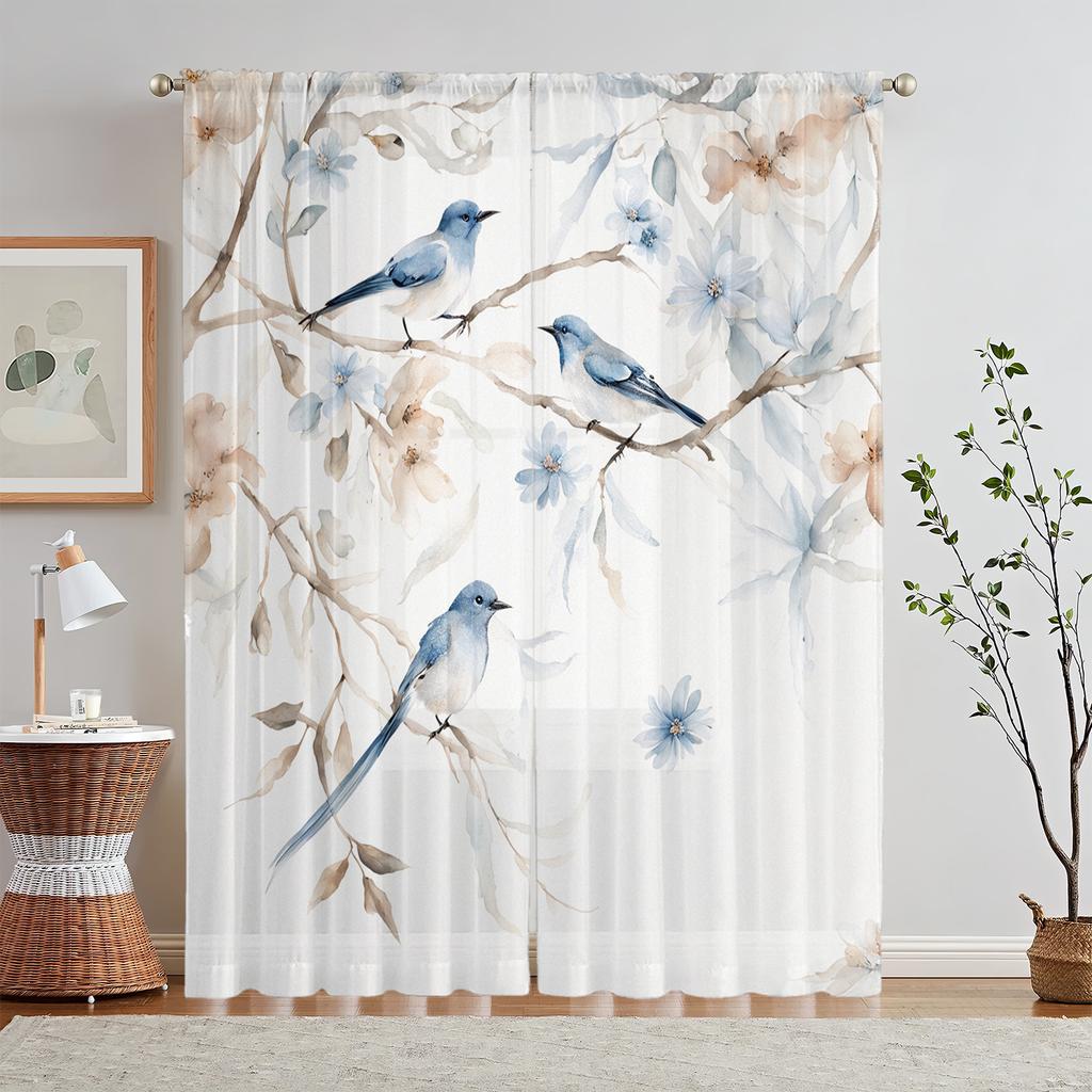 2 Stück Wunderschöne blaue Vorhänge mit Blumenmuster   Polyesterstoff   Maschinenwaschbar   Geeignet für Wohn- und Schlafzimmer