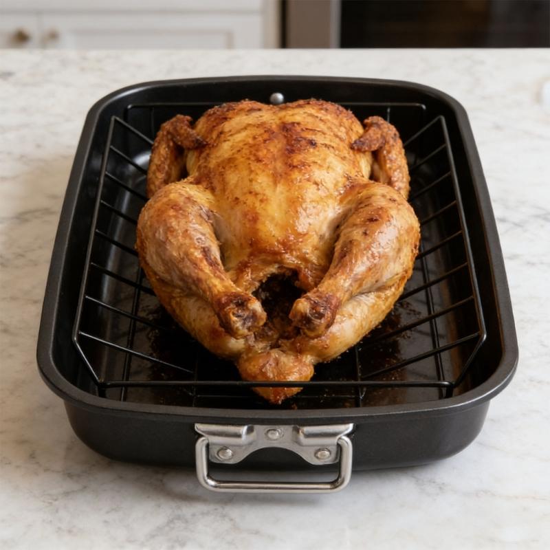 Heavy Duty Roasting Pan 17Inch Carbon Steel Baking Tray with V-Shape Grill Roasting Rack Turkey Roaster Pan for Cooking