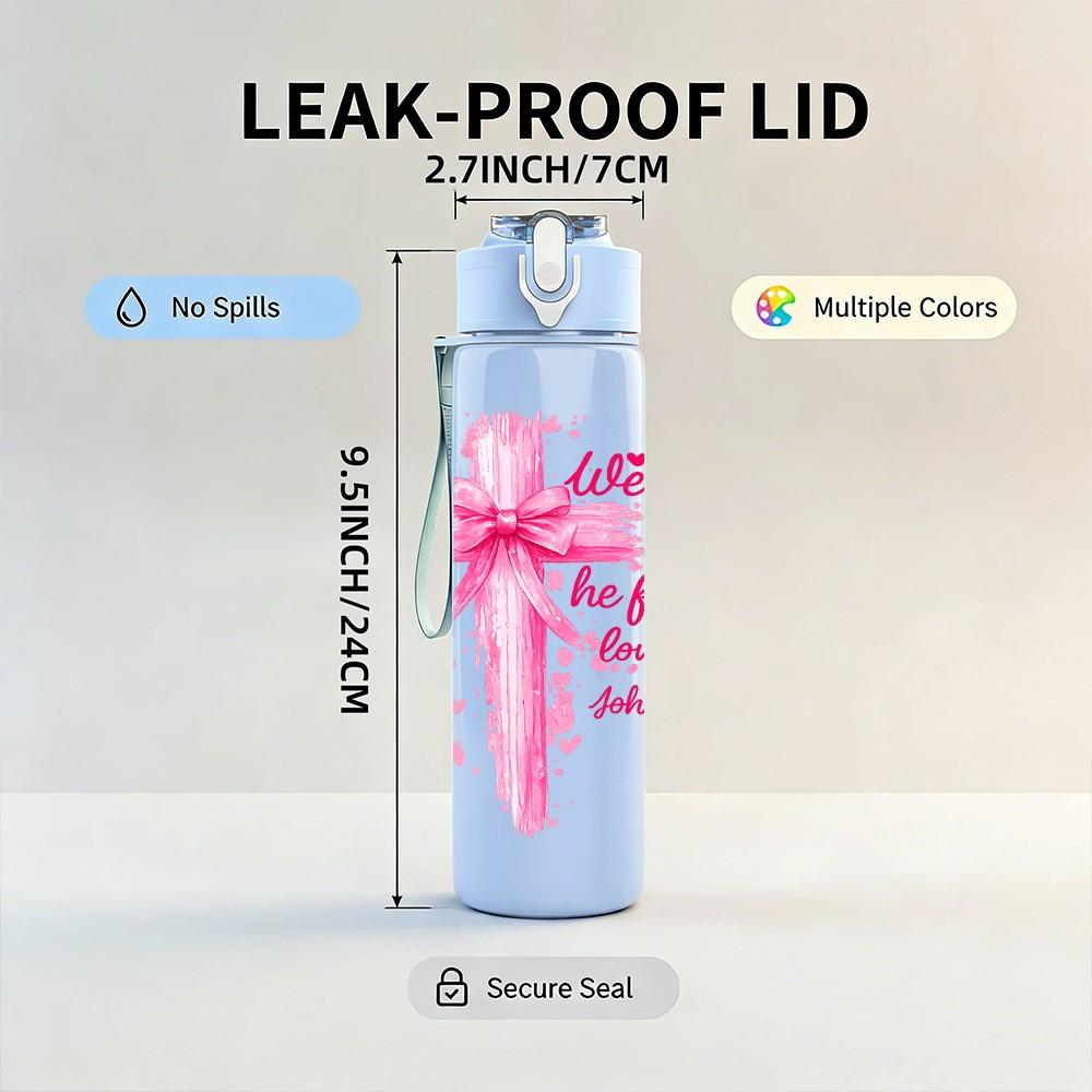 1PC Pink Gift Bow Love Text Art Print 750ml Color Plastic Sports Water Bottle Leakproof Flip Straw Lid Suitable for Sports Office Home Use