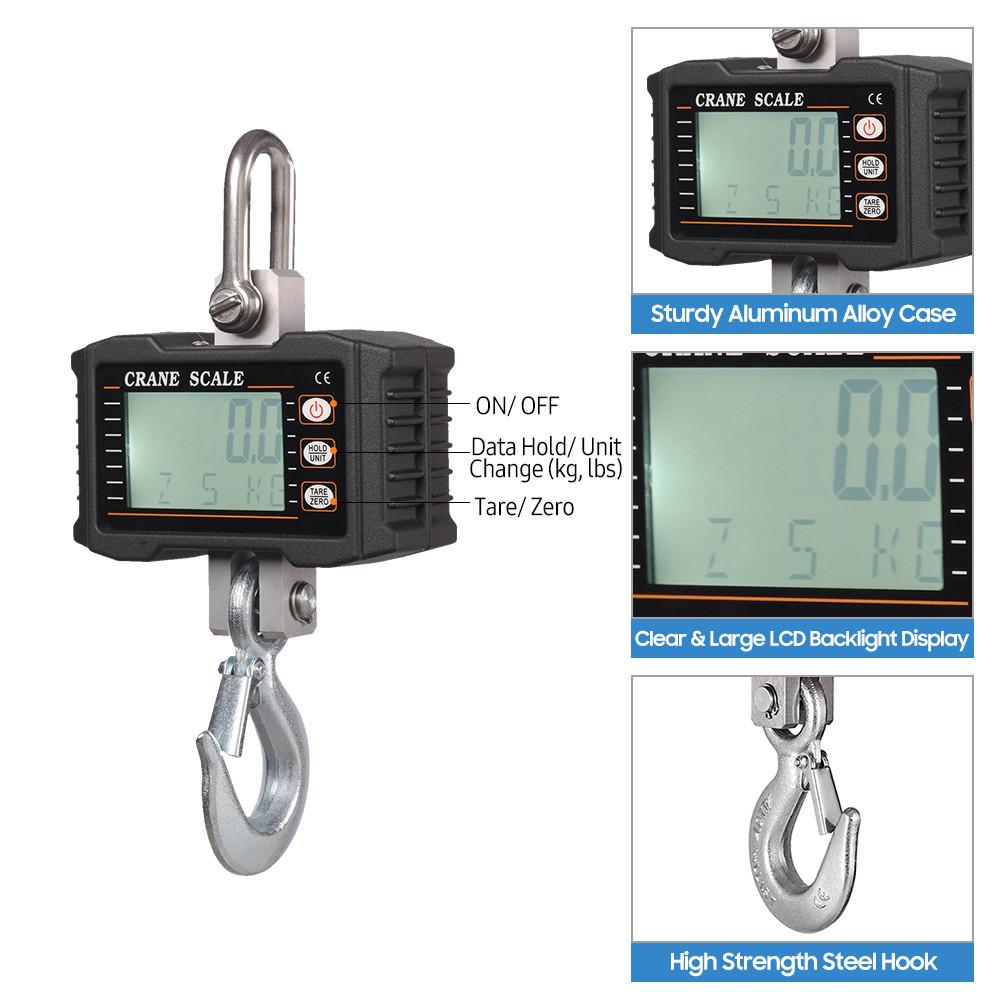1000kg/ 2204lbs LCD Backlight Digital Hanging Scale Portable Heavy Duty Crane Scale Industrial Hook Scales
