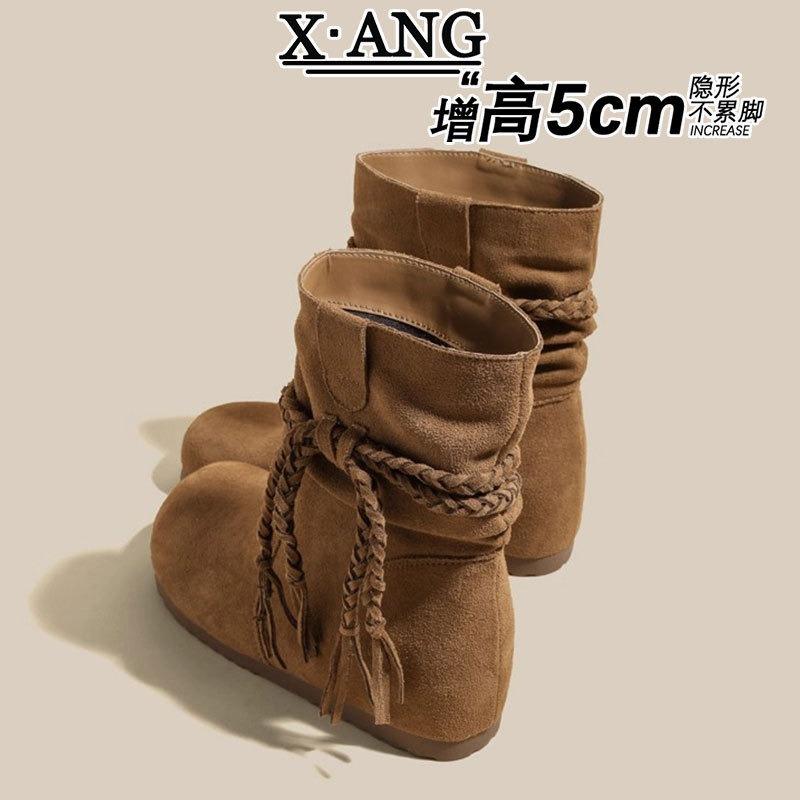 Cowhide version inner height increase Martin boots short boots fringed women's boots autumn new small pile boots
