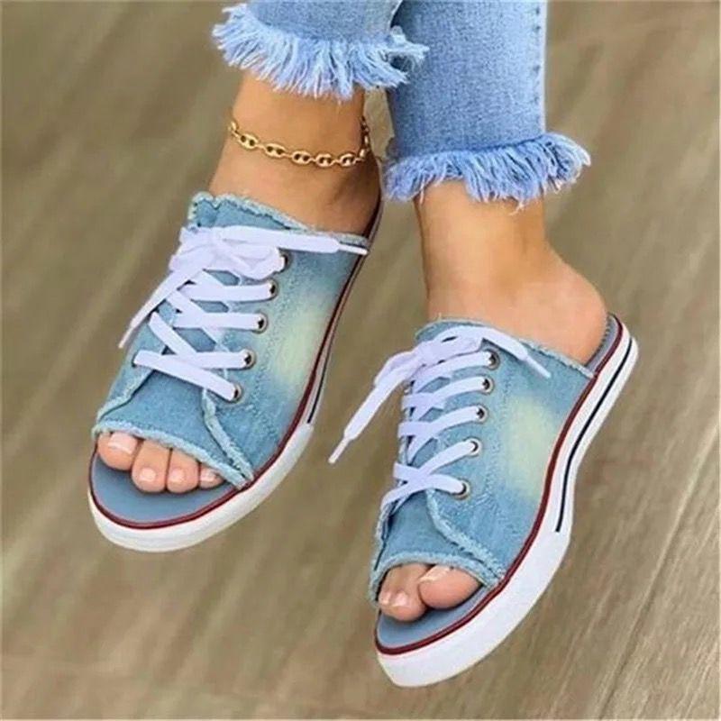 Spring and summer fish mouth denim lace-up casual flat bottom women's cool slippers large size lace-up slippers women