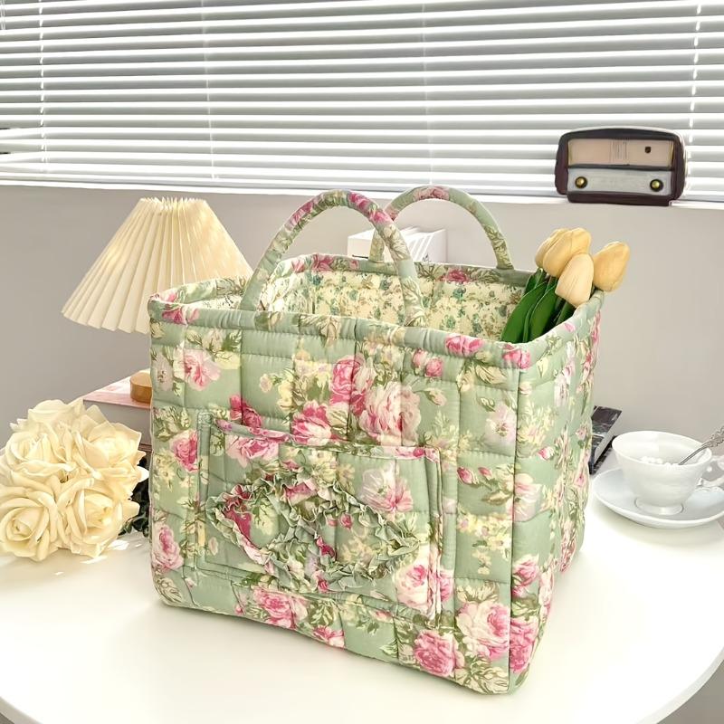 Floral Fabric Storage Bins with Handles, Multi-compartment Organizer for Clothes & Accessories, Bedroom Bathroom Use