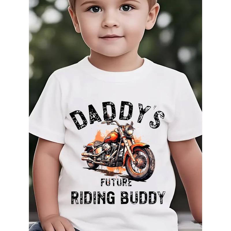 Boys DADDY s FUTURE RIDING BUDDY Vintage Motorcycle Cartoon Print Crewneck Short Sleeve Tee, Summer Casual Outdoor Top 110 белый