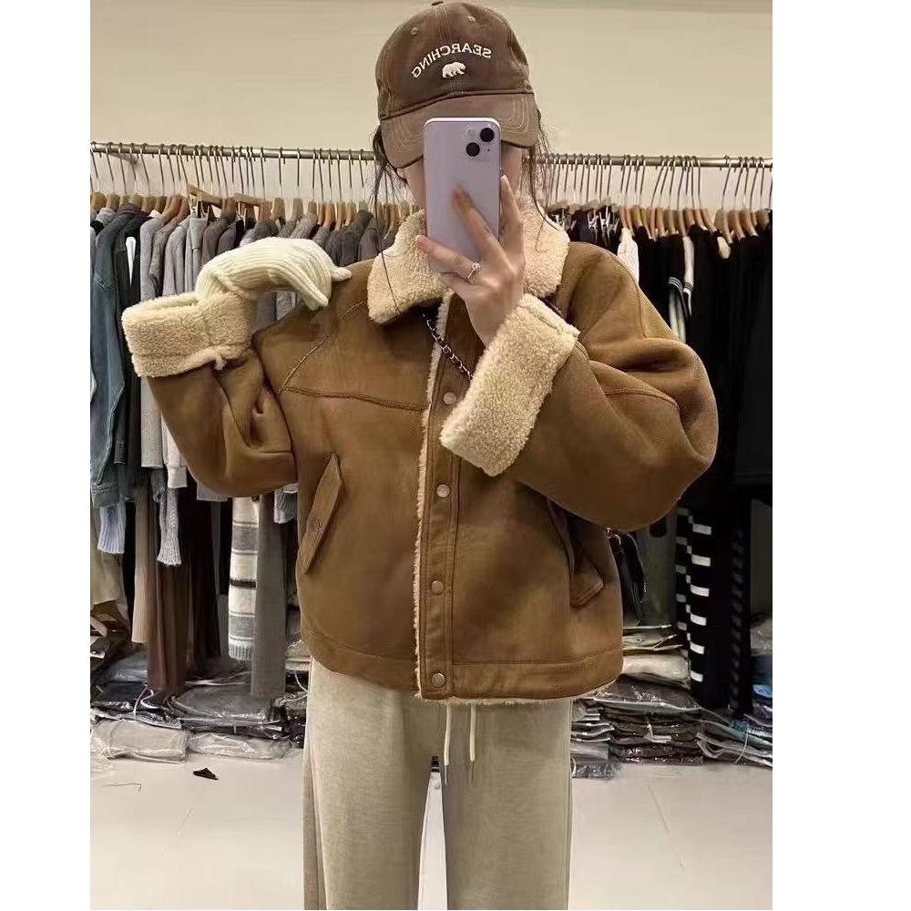 Women's Maillard Color Lambswool Cotton Padded Jacket - Short, Loose, Thick, warm, Fall/Winter Style
