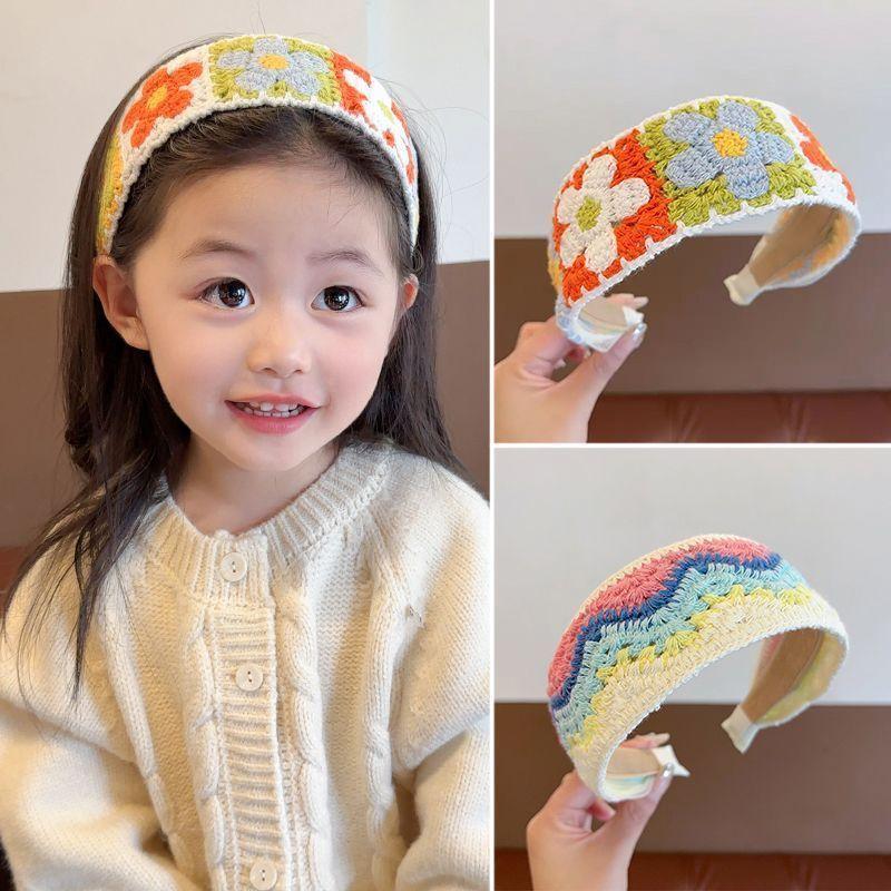 Children's sweet knitted embroidery wool flower headband girl finishing broken hair artifact wide edge headband hair accessories hairpin