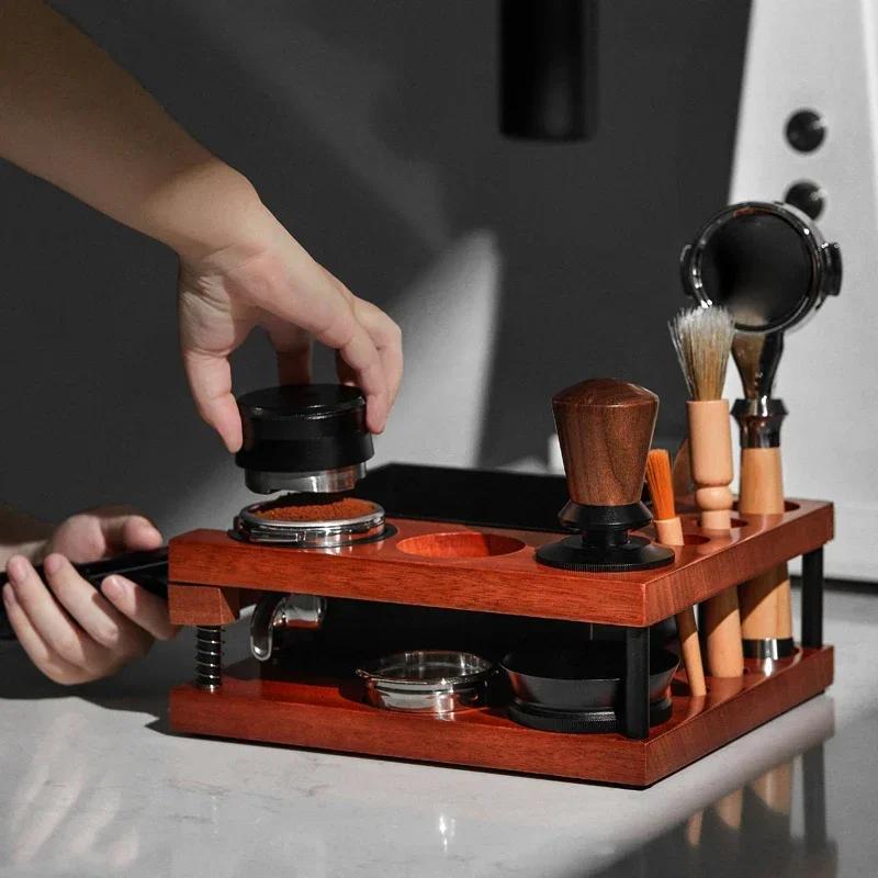 Spring Coffee Tamper Holder with Knock Box Double-layer Solid Wood Distributor Universal Portafilter & Puck Screen Storage Base