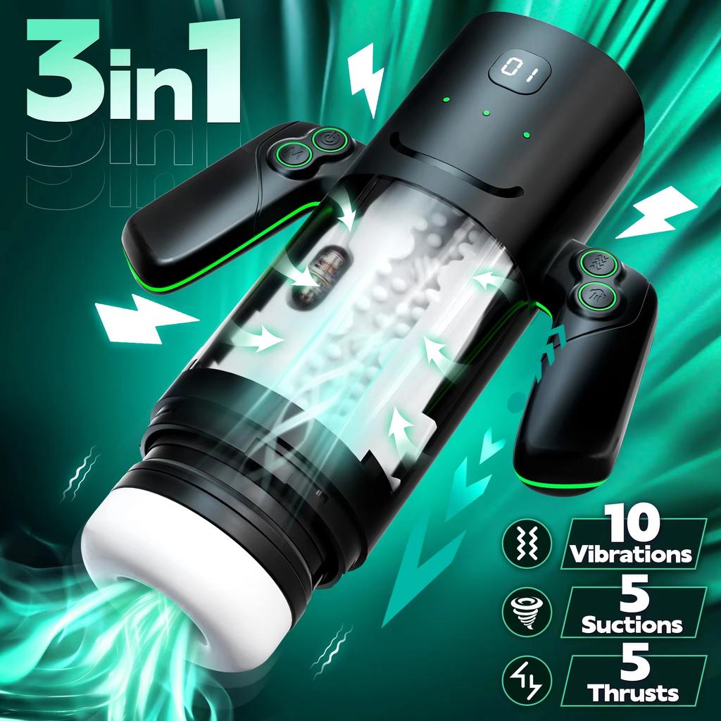 3 IN 1 Automatic Sucking Male Masturbation Cup with Handle Double Layer Telescopic Male Stroker Pocket Pussy Adult Toy for Men