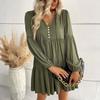 Women's Fashionable Solid Color Long Sleeved V-neck Pleated Casual Loose Dress