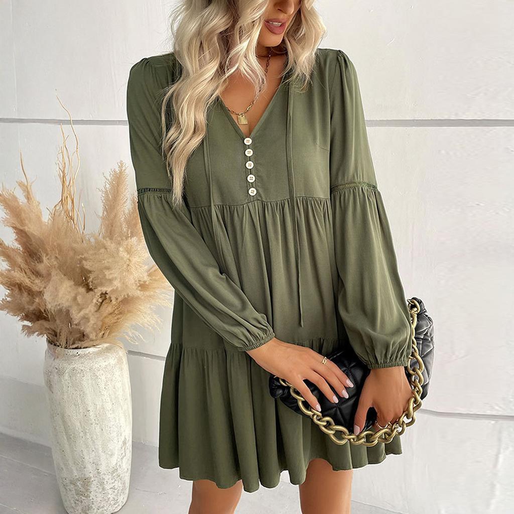 Women's Fashionable Solid Color Long Sleeved V-neck Pleated Casual Loose Dress
