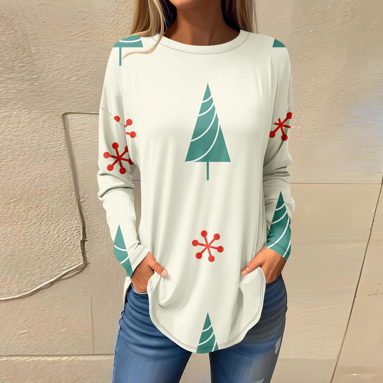 

Футболки для женщин, осенние повседневные рубашки с длинными рукавами, толстовка с ретро-принтом, топ для рождественской вечеринки, пуловер M