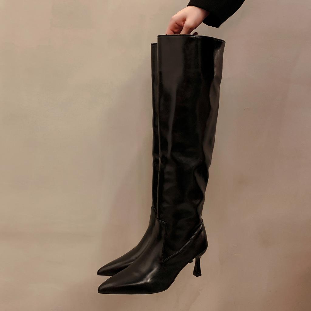 Winter Fashion Pleated Pointed Toe Women Long Boots Street Style High Heels Party Stripper Female Leather High Booties