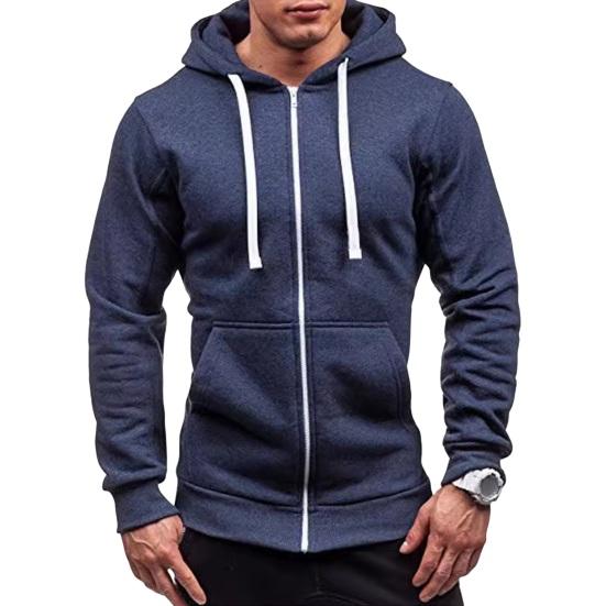Fall Winter Men Jacket Hooded Drawstring Zip-up Long Sleeves Solid Color Cardigan Elastic Cuff Pockets Mid
