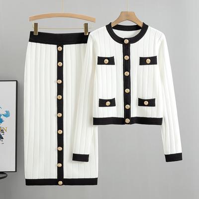 Women's Knitted Cardigan Skirt Two-piece Set for Autumn and Winter Contrast Sweater Knitted Pencil Skirt Suit Casual Outfits