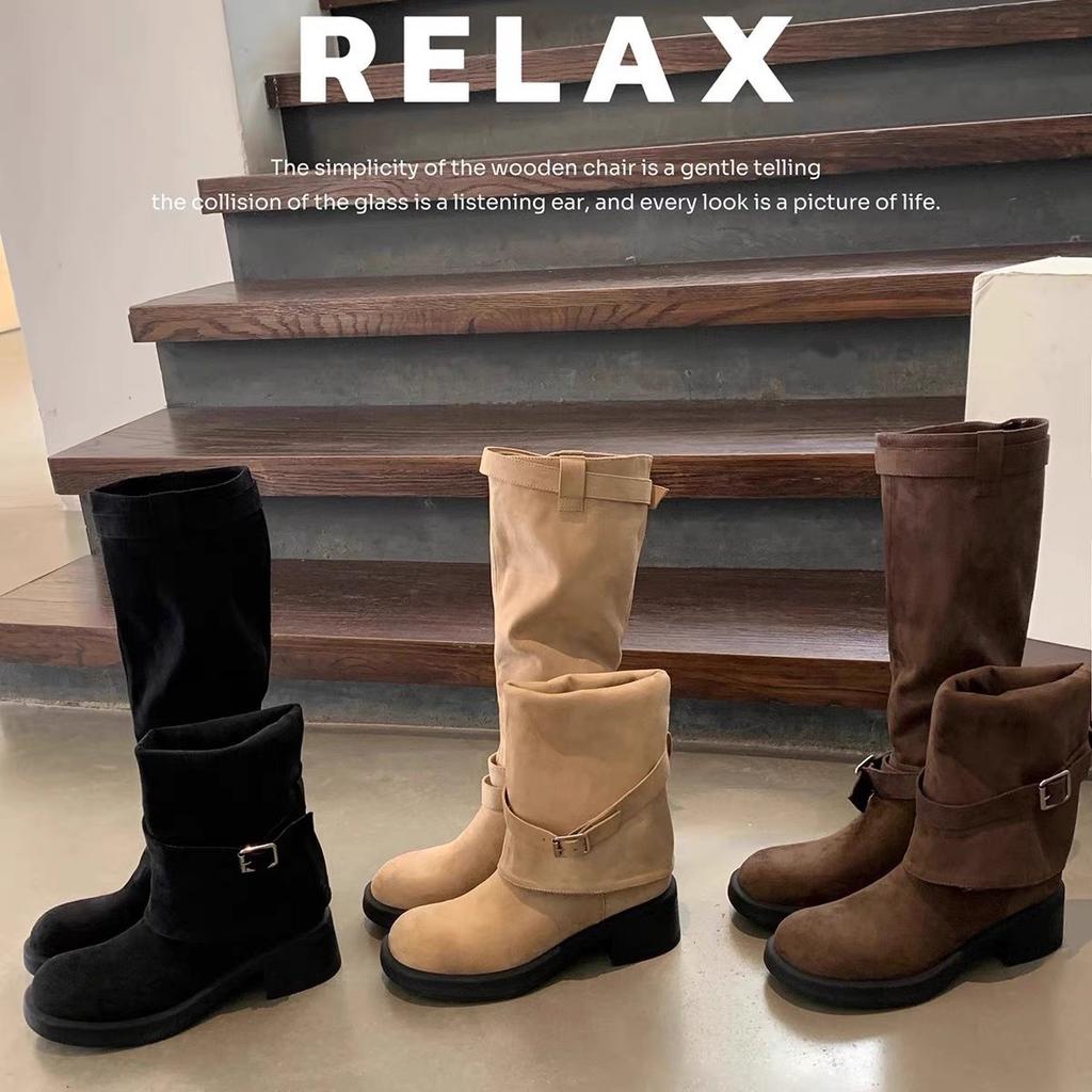 Cowhide version~ Belt buckle slim two wear tall boots knight boots women's retro thick heel boots niche western boots