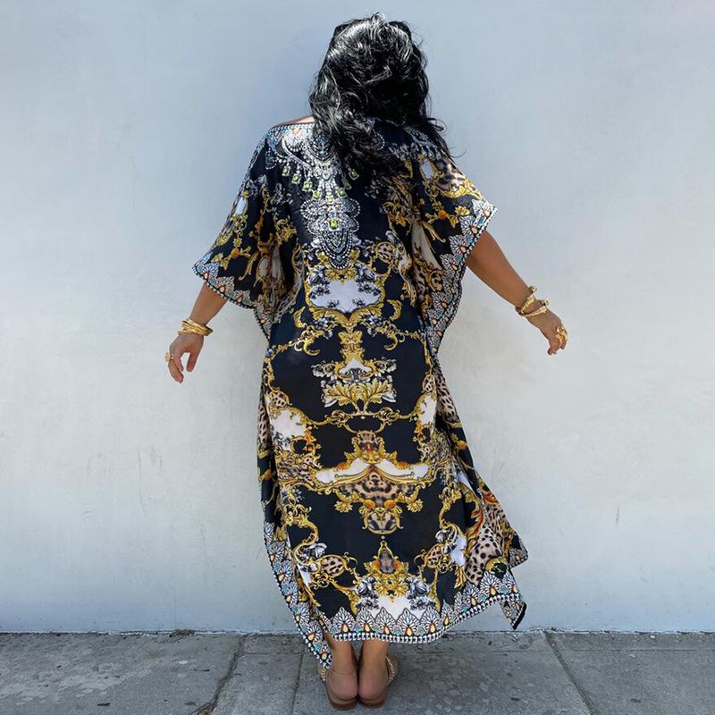 Indigo Floral Beach Robe: Loose Seaside Holiday Sunscreen Dress & Bikini Cover-up