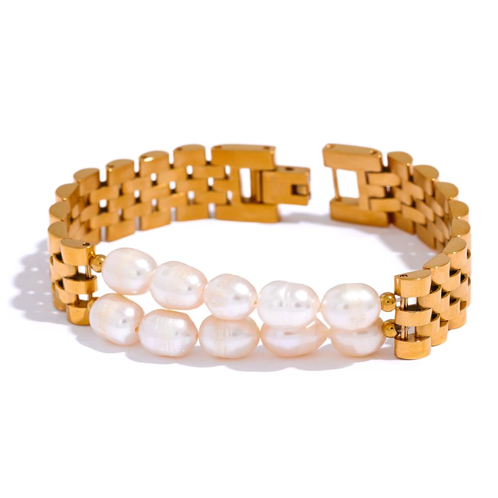 

Yhpup Luxury Natural Pearls Cuban Chain 316L Stainless Steel Bracelet Bangle High Quality Women Gold Color Premium Jewelry Gift