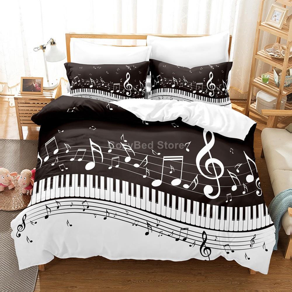 Black White 3d Music Note Bedding Set Duvet Cover Sets Comforter Bed Linen Twin Queen King Single Size Musical Instrument Piano