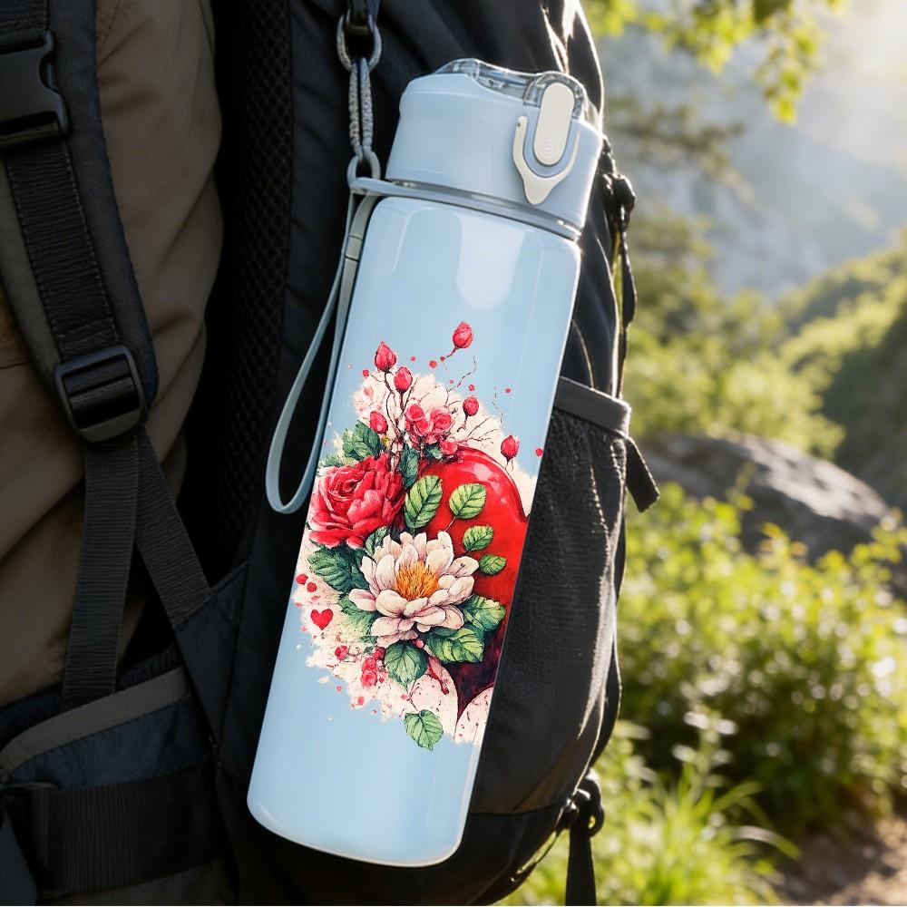 1PC Red Rose Heart Romantic Bouquet Print 750ml Color Plastic Sports Water Bottle Leakproof Flip Straw Lid Suitable for Sports Office Home Use