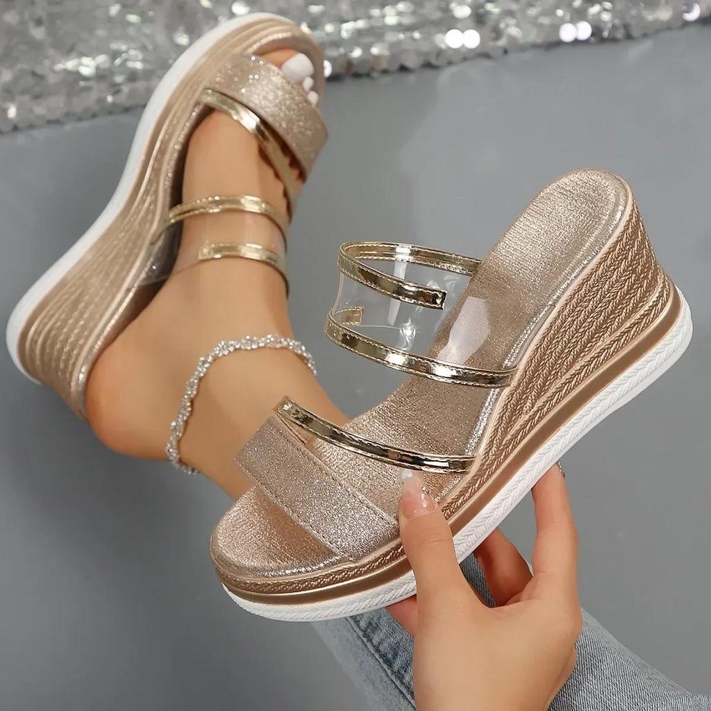 Solid Color Summer Modern Slippers Wedges Bling  Women's Shoes High Quality High Heel Outside Fashion Women's Slippers