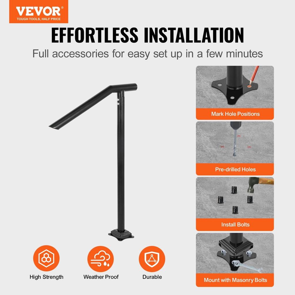 Handrail, 1-3 Step Black Steel Railing for Steps 330LBS Capacity Stair Handrail Baking Varnish Metal Handrail for Stairs Stylish Handrails for Outdoor