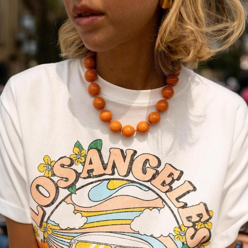 Retro Boho Round Bead Choker Colorful Plastic Beaded Handmade Knot Rope Necklace for Summer Beach Travel Wear