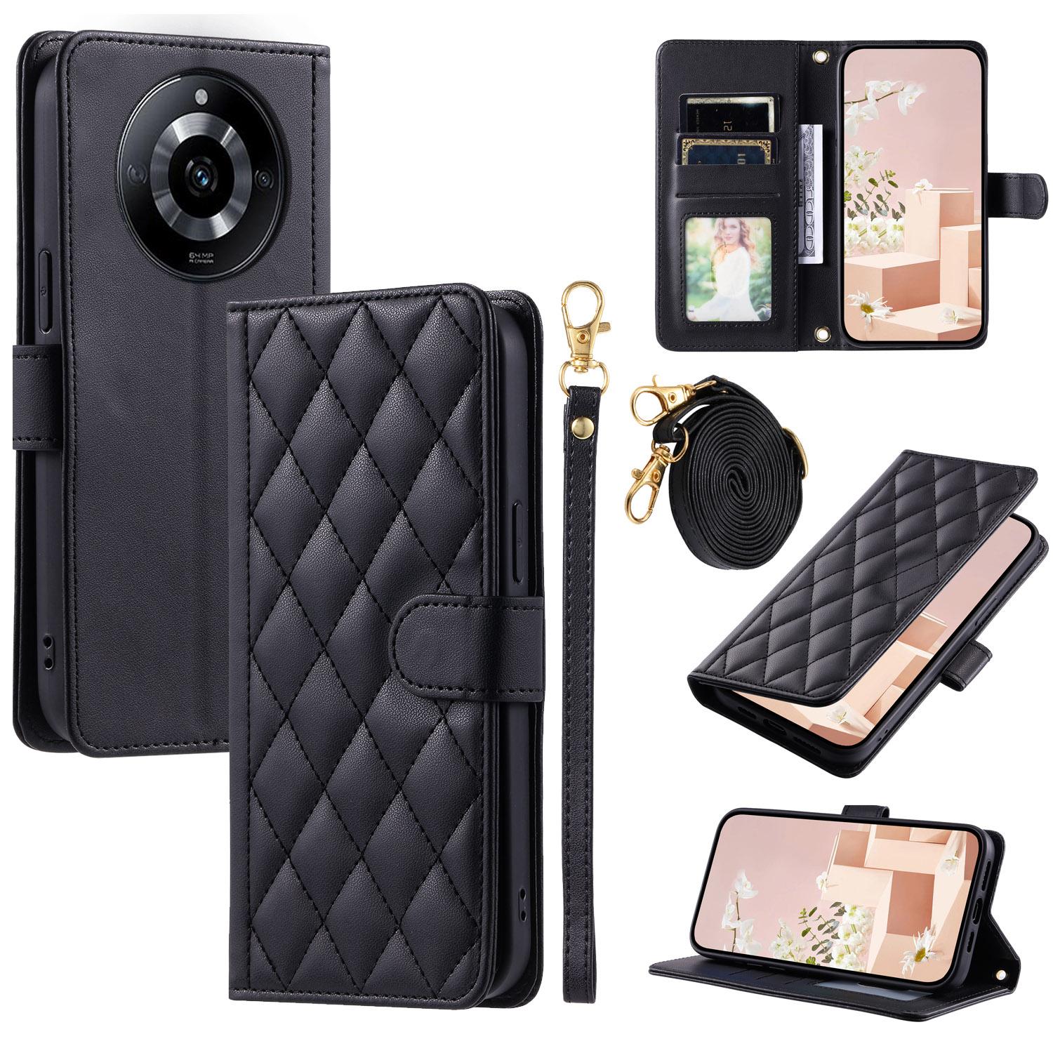 

For Realme 11 Pro 5G/11 Pro+ 5G Case Flip Wallet Rhombus Grid Leather Phone Cover with 2 Straps Black