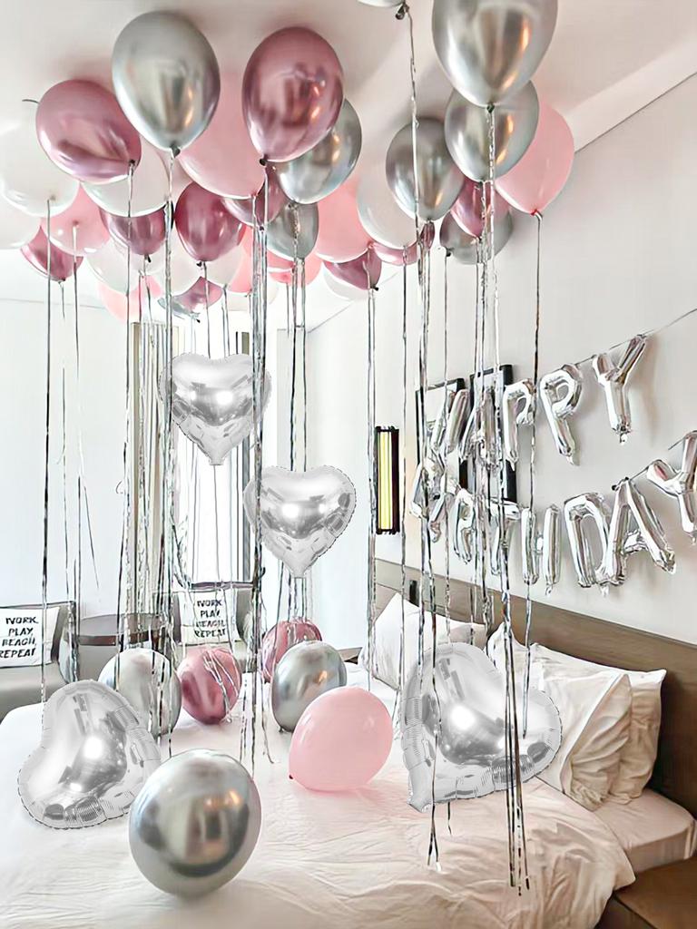 57pcs-pink birthday party set, silver love aluminum film balloons, birthday party decorations