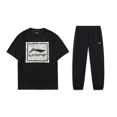 Li Ning Logo Print Round Neck Short Sleeve T-Shirt And Cuffed Casual Sports Set Men Sets Black AHST469-2+AYKT415-1