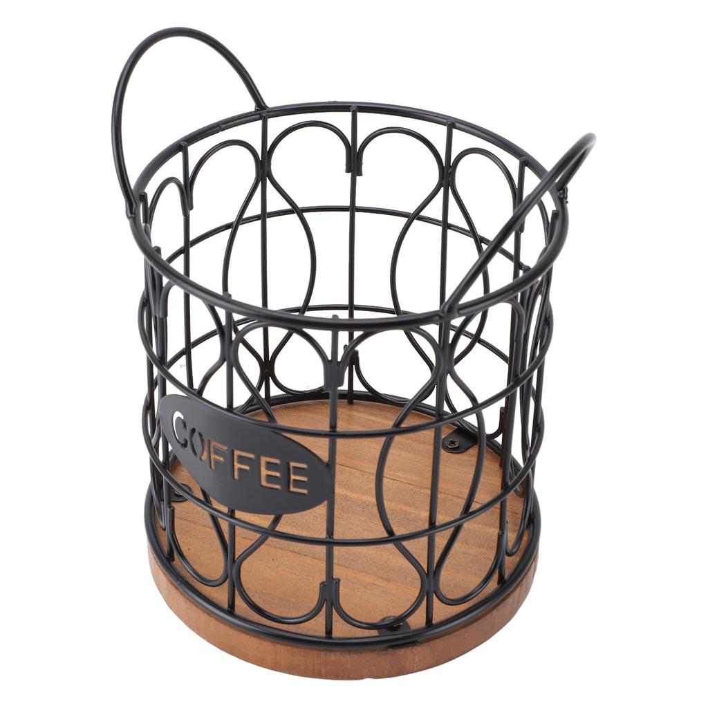 Coffee Pod Basket Decorative Round Wire Coffee Capsule Holder with Wooden Base for Cafe Kitchen Countertop
