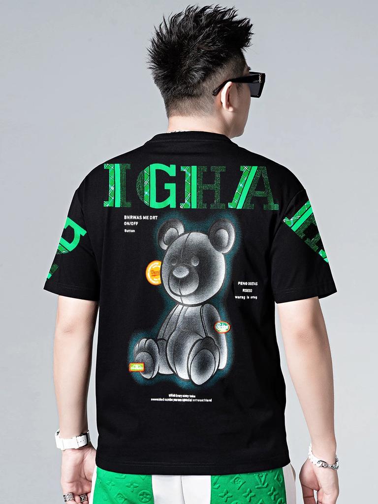 European Trendy Brand Bear Print Rhinestone Men's Short-Sleeve Summer 2025 New Style Printed Loose Round-Neck T-Shirt for Men
