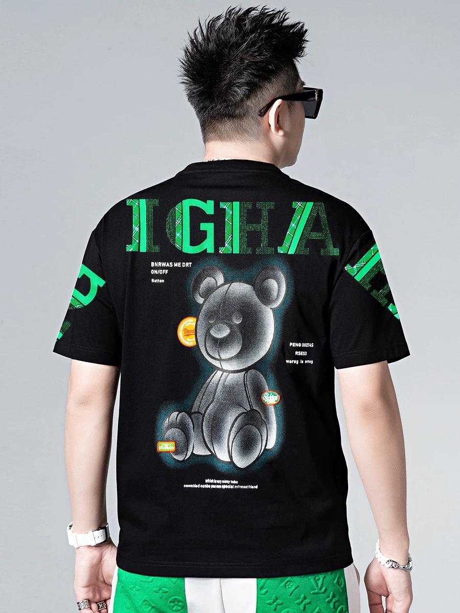 European Trendy Brand Bear Print Rhinestone Men s Short-Sleeve Summer 2025 New Style Printed Loose Round-Neck T-Shirt for Men 2XL