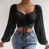 Women's Drawstring V Neck Ruched Lantern Long Sleeve Tie Back Crop Top Blouse Sexy Slim Casual Tee Top