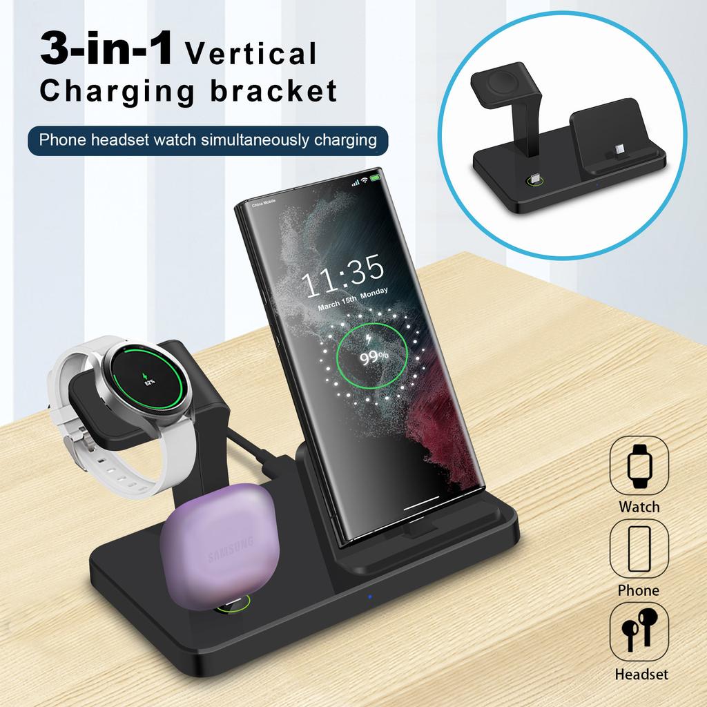 3 In 1 Wireless Charger Dual Type C Ports Fast Charging Station for Samsung S25 S24 S23 for Galaxy Watch 8 7 6 5 Pro 4 3 Buds 3