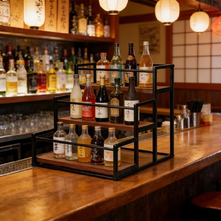 Functional Wooden Wine Rack With Metal Frame Suitable For Kitchen Counter Or Coffee Station